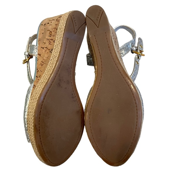 Prada Silver Glitter Cork Wedge Sandal, Sz 40 - Picture 11 of 16